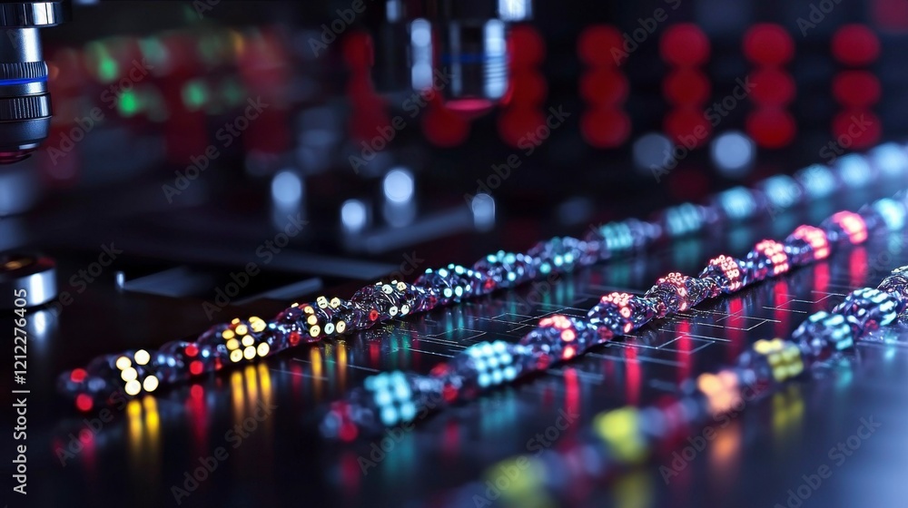 A microscope close-up of modified DNA sequences, visualized on advanced digital equipment in a biotech lab, representing the forefront of genetic research and biotech advancements. A microscope close-up of modified DNA sequences, visualized on advanced digital equipment in a biotech lab, representing the forefront of genetic research and biotech advancements.