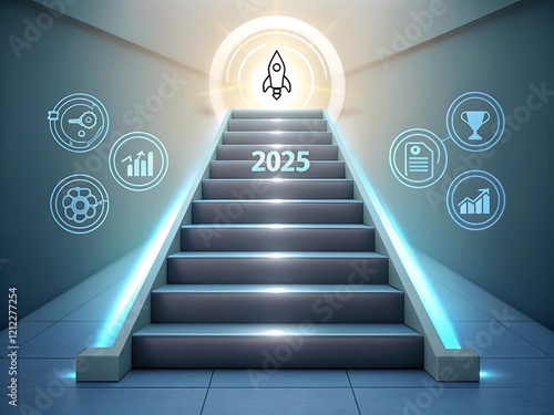 Business success and goal achievement steps. Businessman drawing checkmarks on virtual staircase steps toward achieving goals  Planning  progress  goal setting ending with red flag as success marker. 