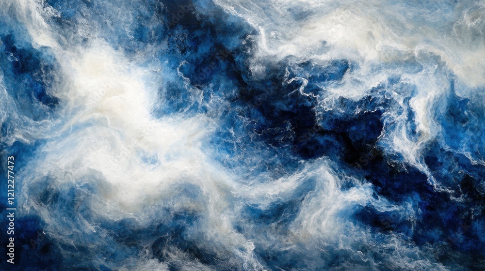 A close-up of frothy sea foam dancing on top of deep blue ocean waves. A close-up of frothy sea foam dancing on top of deep blue ocean waves.