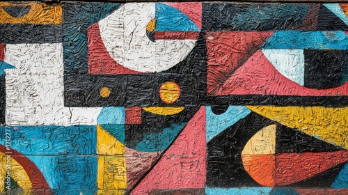 Close-up of a graffiti-covered brick wall with abstract shapes and bold colors."