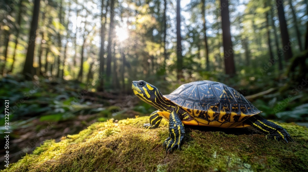 Obraz premium A colorful box turtle sitting on a mossy rock in a dense forest setting with dappled sunlight.