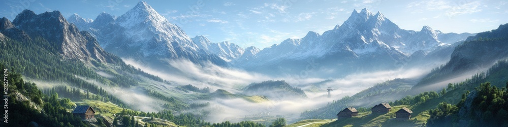 Mystical Swiss Alps, fog-covered valleys, charming chalets, ski slopes, serene landscape, enchanting atmosphere, tranquil beauty Mystical Swiss Alps, fog-covered valleys, charming chalets, ski slopes, serene landscape, enchanting atmosphere, tranquil beauty