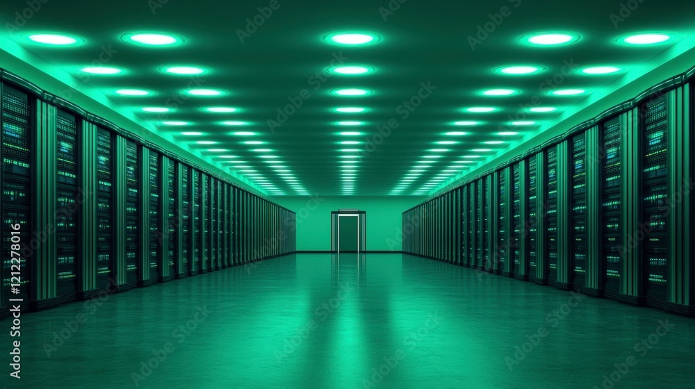 Fototapeta premium A dimly lit server room with rows of servers and a central door.