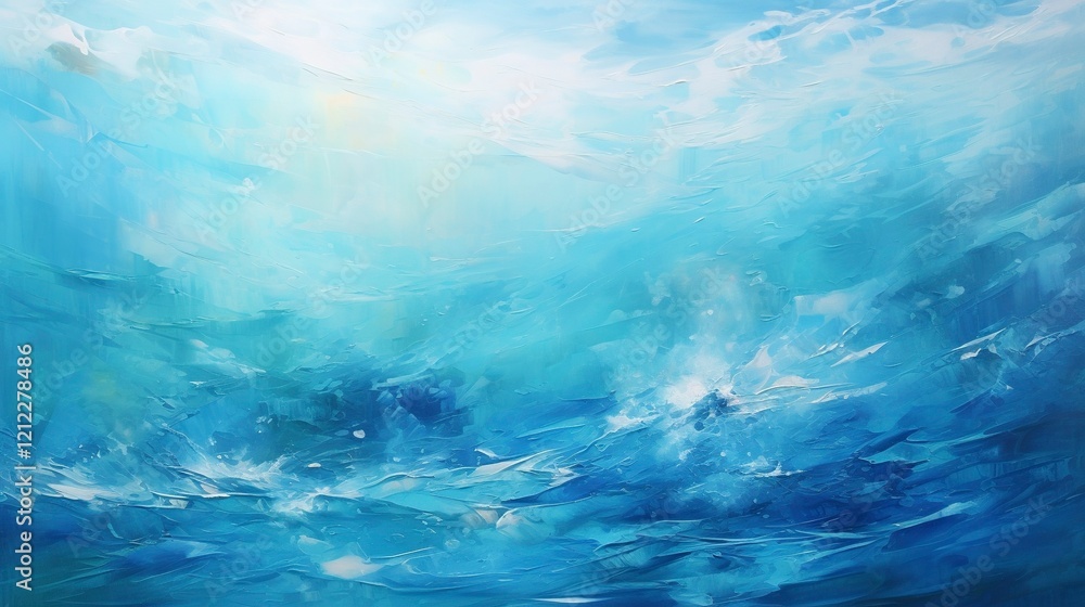 Underwater scene with fish swimming in the sunlit blue ocean depths, digital art. Underwater scene with fish swimming in the sunlit blue ocean depths, digital art.