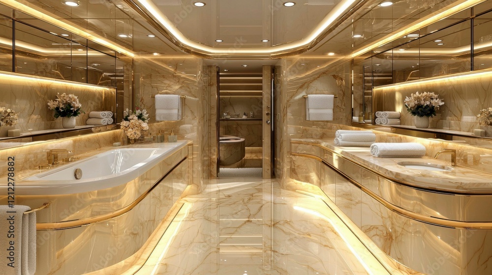 Fototapeta premium A serene luxury bathroom with soothing lighting, elegant marble finishes, a large soaking tub, and plush towels, offering a peaceful and opulent environment for relaxation.