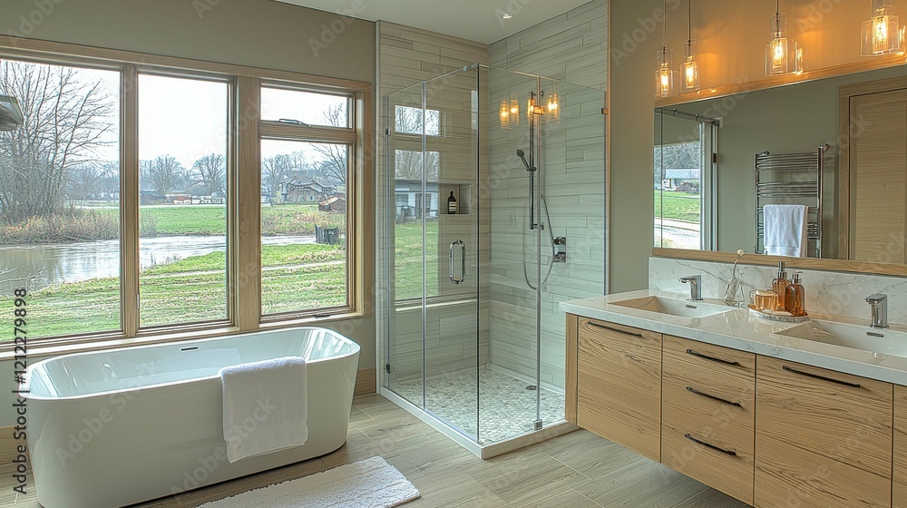 Fototapeta premium A bright, luxury bathroom with a modern design, featuring floor-to-ceiling windows, a large shower, and plenty of natural light that creates a refreshing and energizing space.