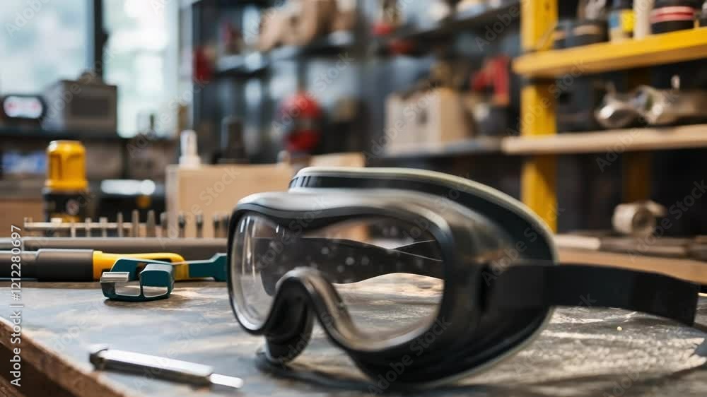 A detailed view of a workers safety goggles resting on the workbench featuring antifog lenses and a snug fit designed to protect against flying debris. A detailed view of a workers safety goggles resting on the workbench featuring antifog lenses and a snug fit designed to protect against flying debris.