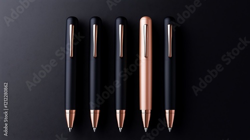 Five pens, four black, one rose gold, arranged in a row on a dark background. photo