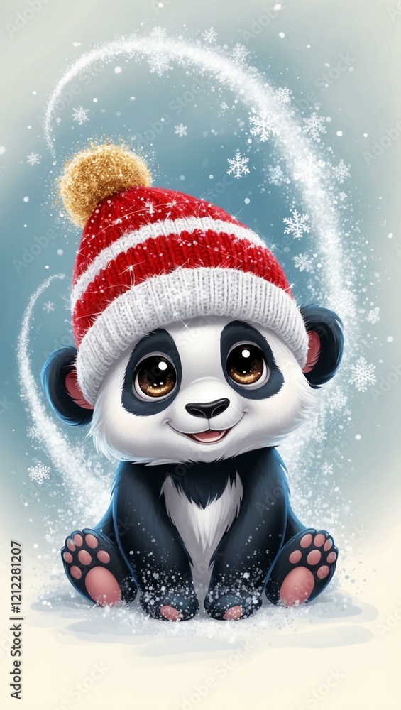 A charming panda with a festive hat, surrounded by gentle snowfall. A charming panda with a festive hat, surrounded by gentle snowfall.