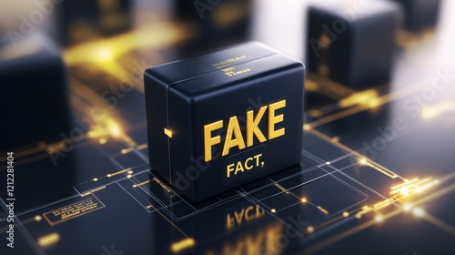 Black Cube with Fake Fact Text on a Digital Background with Data Grid and Cyber Technology Elements