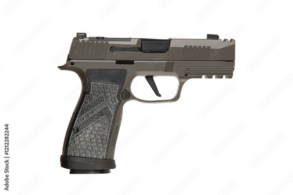 A modern semi-automatic handgun with a textured grip, visible trigger, and slide, isolated on a white background. A modern semi-automatic handgun with a textured grip, visible trigger, and slide, isolated on a white background.