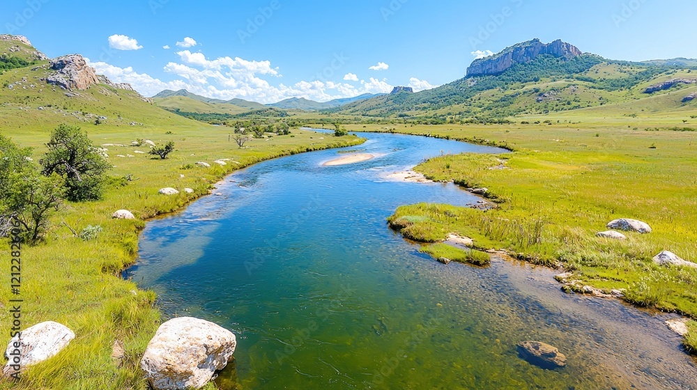 Fototapeta premium River meanders through green valley, sunny day. Use travel brochure