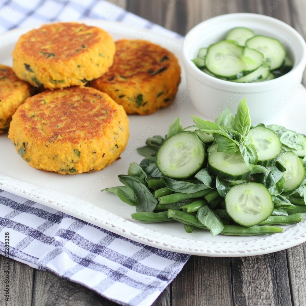 A platter featuring golden patties, fresh cucumber salad, and green herbs. A platter featuring golden patties, fresh cucumber salad, and green herbs.