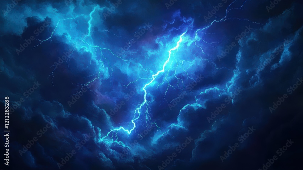 Dramatic Blue Lightning Strikes Through Dark Thunderstorm Clouds Dramatic Blue Lightning Strikes Through Dark Thunderstorm Clouds