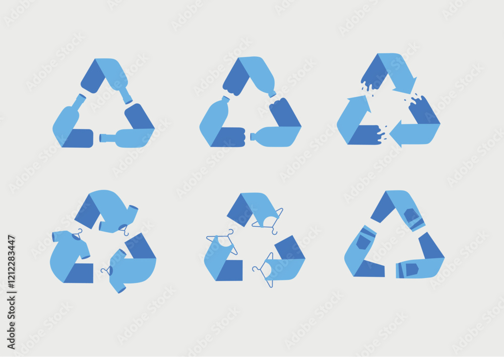 Waste, plastic, clothes recycling symbols drawing with blue on white background.
