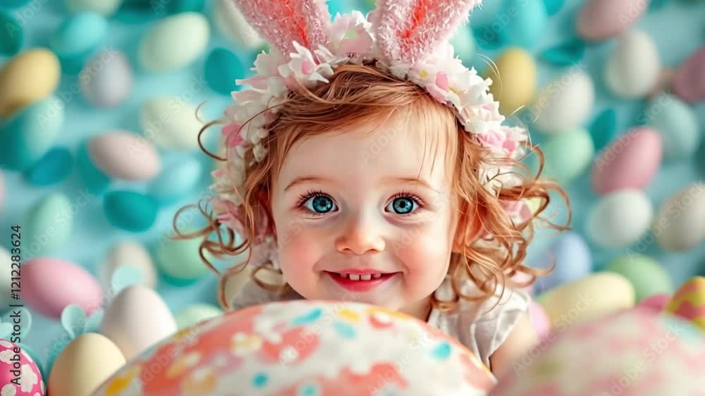 This charming video showcases a happy child wearing bunny ears. Surrounded by colorful Easter eggs, it embodies the spirit of joy and festivity for springtime. Generative AI This charming video showcases a happy child wearing bunny ears. Surrounded by colorful Easter eggs, it embodies the spirit of joy and festivity for springtime. Generative AI