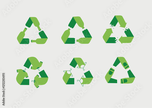 Waste, plastic, clothes recycling symbols drawing with green on white background.