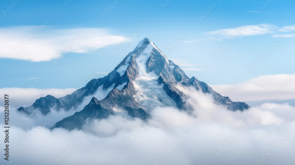 Fog in Nature Themed, Majestic mountain peak surrounded by clouds and blue sky, evoking awe Fog in Nature Themed, Majestic mountain peak surrounded by clouds and blue sky, evoking awe