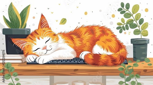 A cat snoozes on the keyboard, unknowingly ending a crucial video call in this quirky flat design illustration photo