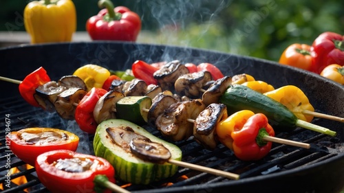 Colorful skewers of vegetables grilling on a barbecue, creating a vibrant outdoor dining scene. photo