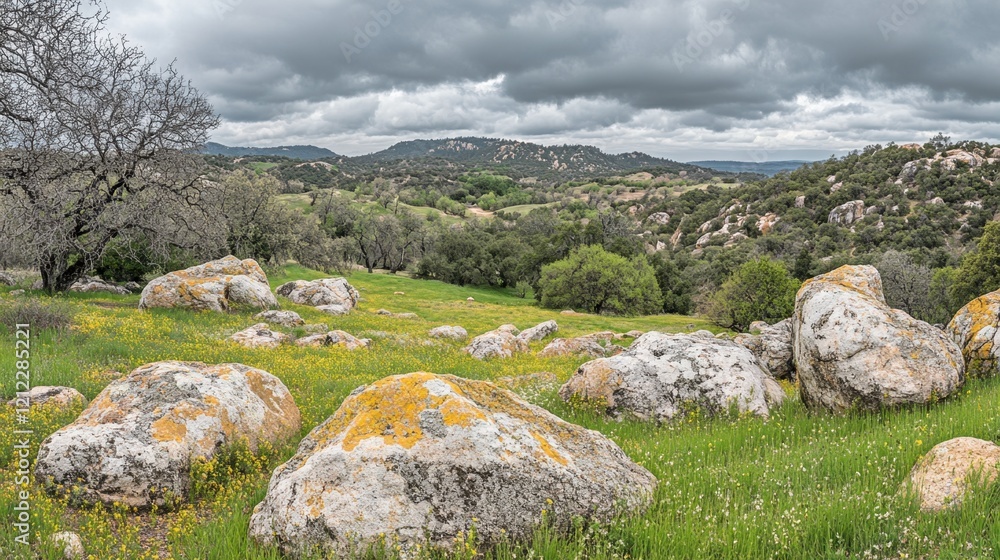 A scenic view of boulders scattered across a grassy hillside, with a dramatic cloudy sky above. A scenic view of boulders scattered across a grassy hillside, with a dramatic cloudy sky above.