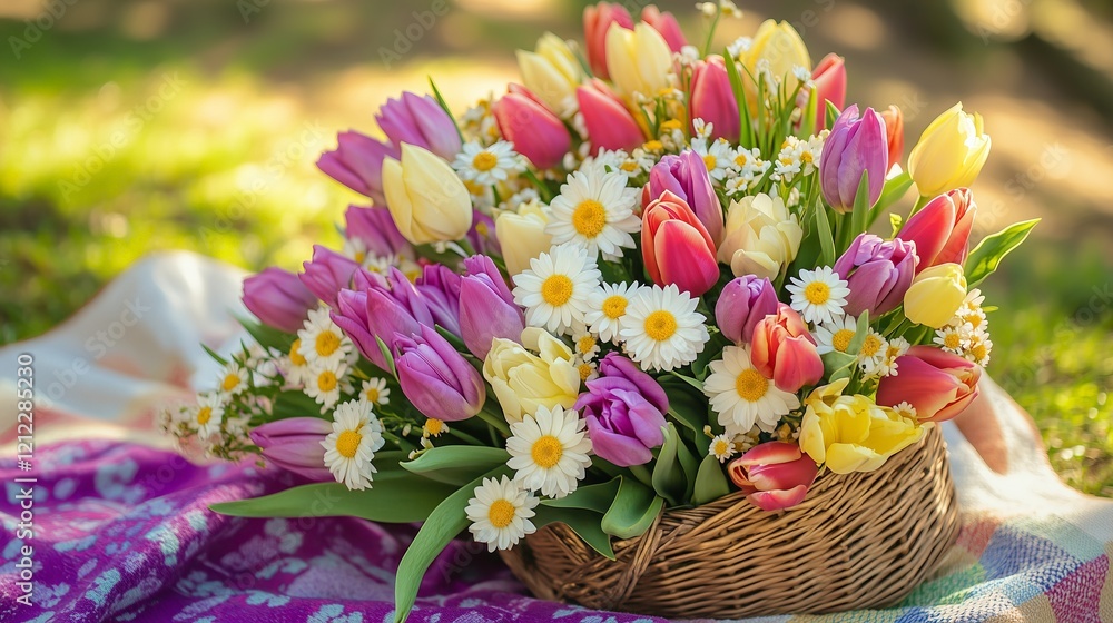 A vibrant spring arrangement of multicolored tulips and daisies in a wicker basket, placed on a colorful picnic blanket in a sunny garden A vibrant spring arrangement of multicolored tulips and daisies in a wicker basket, placed on a colorful picnic blanket in a sunny garden