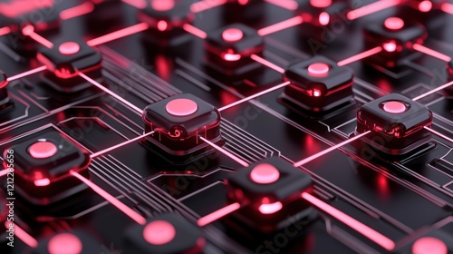 A close-up view of a futuristic circuit board with glowing red nodes and intricate connections, emphasizing technology and innovation.