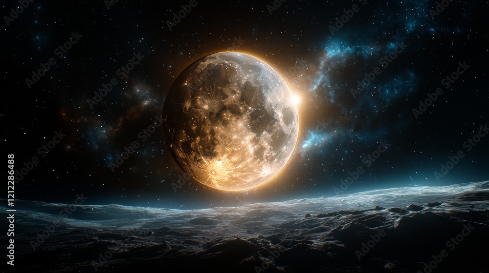 Fototapeta premium A Majestic Large Moon Illuminating the Night Sky with Bright Yellow Light and Digital Wonders
