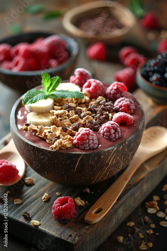 Vibrant smoothie bowl served in natural coconut shell, topped with frozen raspberries, banana slices, granola, chocolate shavings, resh mint sprig. eco-friendly, zero-waste aesthetic, plant-based cook photo