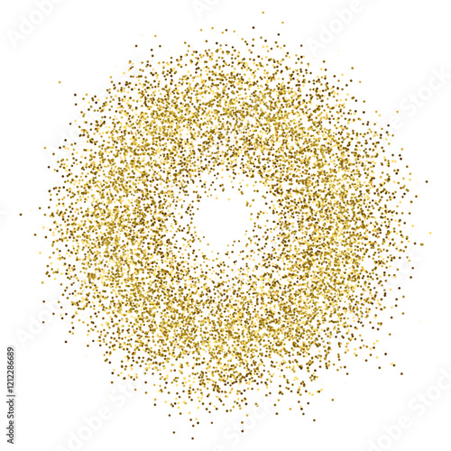 Gold glitter round frame vector illustration. Golden dust ring. Circular luxury design. Shine circle banner. Isolated on white background.