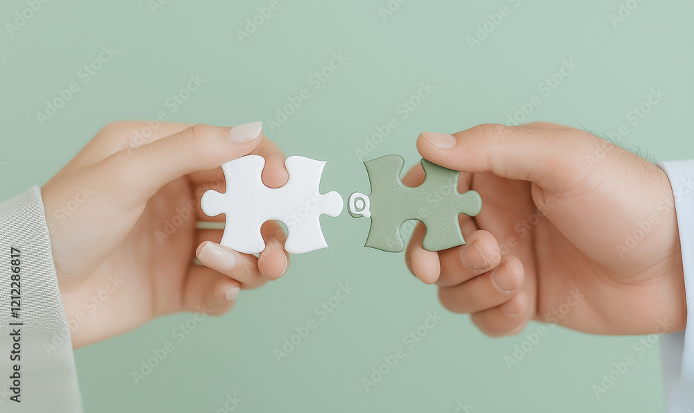 Two male hands in white shirts connecting puzzle pieces, representing collaboration and teamwork. The jigsaw pieces are set against a vibrant blue background, creating a clean and professional visual Two male hands in white shirts connecting puzzle pieces, representing collaboration and teamwork. The jigsaw pieces are set against a vibrant blue background, creating a clean and professional visual