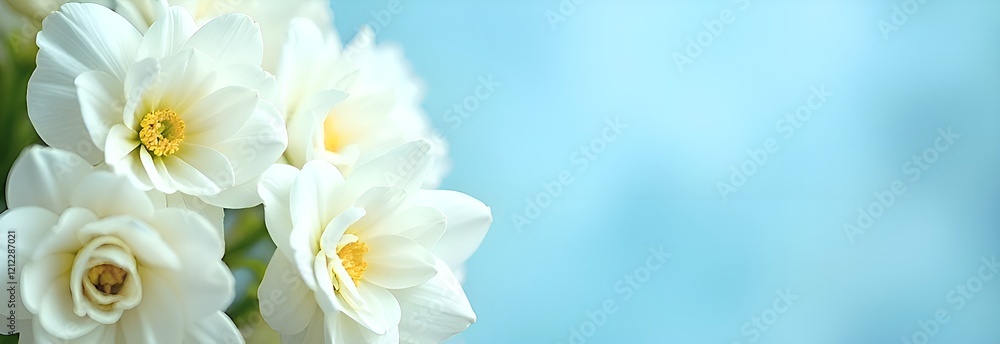 Fototapeta premium A banner, a close-up of a bouquet of white flowers on a blue background with space for text. Advertising of wedding flowers, wedding salons, and flower shops. 