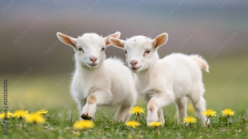 Fototapeta premium Two playful baby goats are frolicking in a sunny spring meadow, surrounded by colorful flowers and dandelions