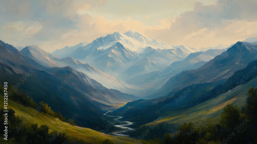 A serene mountain landscape with a winding river and lush green valleys. A serene mountain landscape with a winding river and lush green valleys.