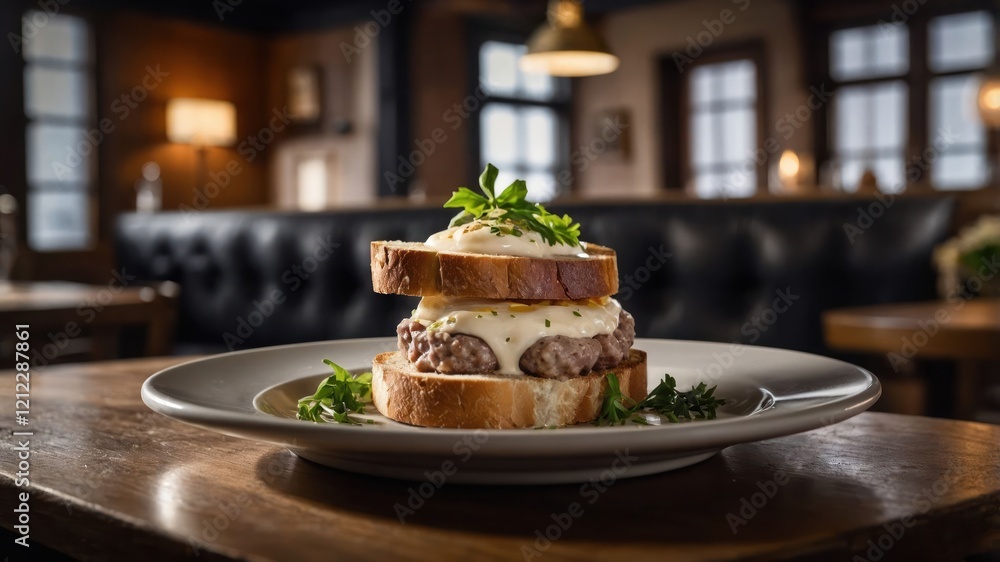 A delicious burger stacked between slices of bread, garnished with herbs on a plate. A delicious burger stacked between slices of bread, garnished with herbs on a plate.