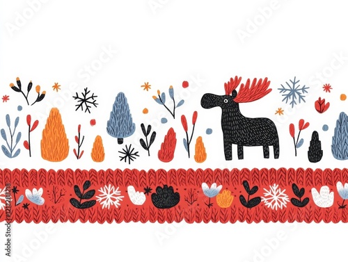 A whimsical illustration featuring a moose among trees and flowers, ideal for seasonal decor. photo