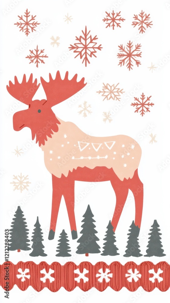 A whimsical illustration of a moose surrounded by snowflakes and pine trees. A whimsical illustration of a moose surrounded by snowflakes and pine trees.