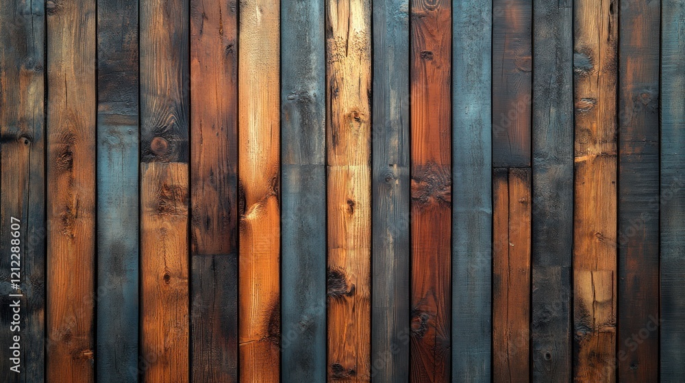 Close-up of a rustic wooden wall showcasing various shades of brown and blue, ideal for backgrounds Close-up of a rustic wooden wall showcasing various shades of brown and blue, ideal for backgrounds