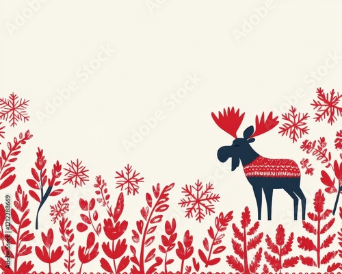 A decorative illustration featuring a moose among stylized plants and snowflakes.