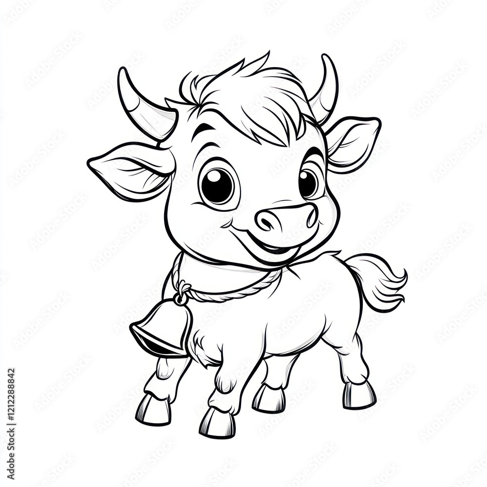Cute cartoon calf, standing, farm scene, coloring page, children's book Cute cartoon calf, standing, farm scene, coloring page, children's book
