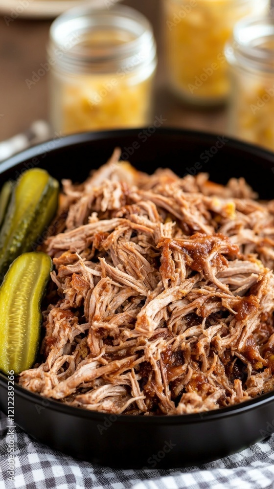 A bowl of shredded meat accompanied by pickles, ready for serving.