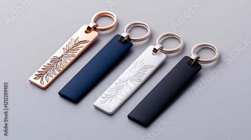 Four stylish rectangular keychains in rose gold, navy, white, and black, featuring an embossed leaf design.