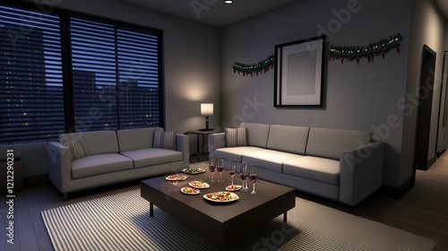 A cozy living room set for a gathering with food and drinks, illuminated by soft lighting.