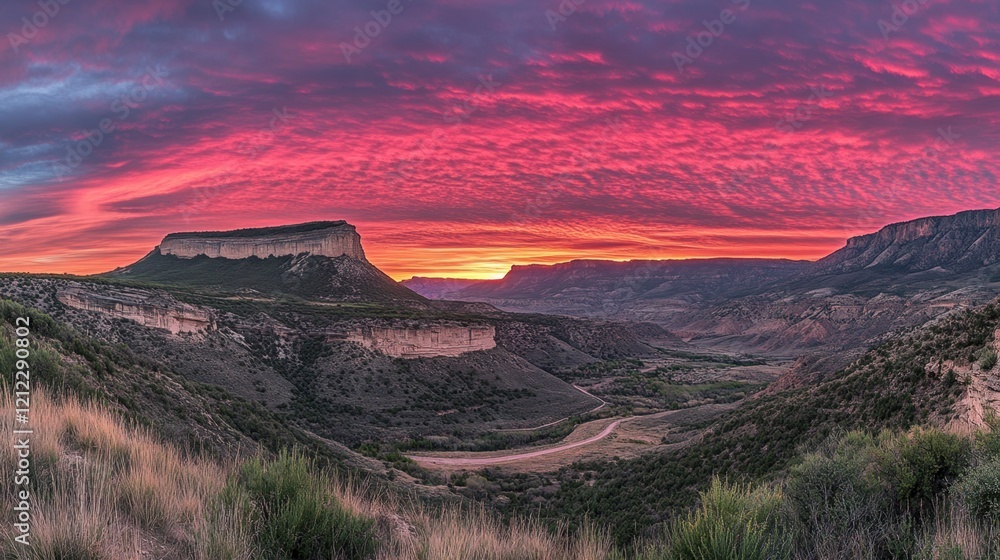 Fototapeta premium A vivid sunrise coloring the sky with pink and orange hues over a dramatic mountain pass.