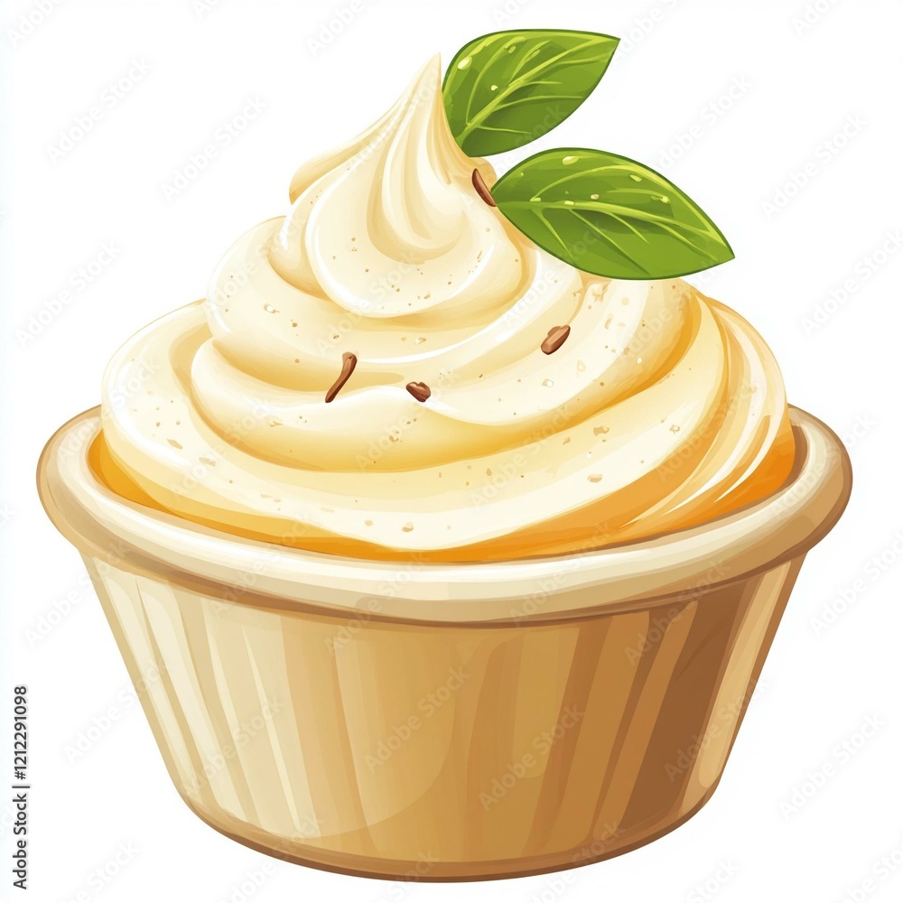 Creamy dessert in a cup topped with leaves and sprinkles. on a white background. Creamy dessert in a cup topped with leaves and sprinkles. on a white background.