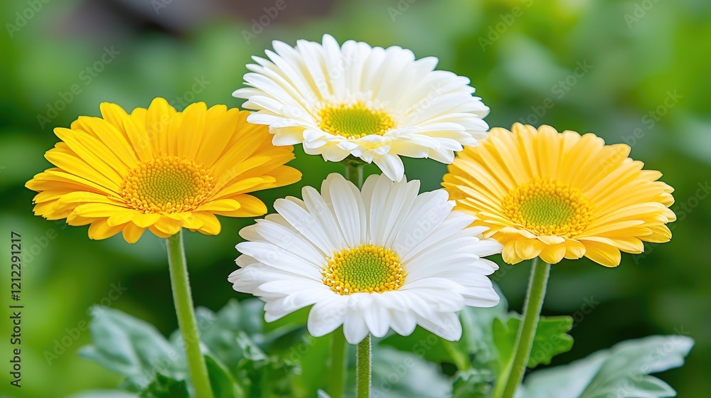 Fototapeta premium Four gerbera daisies, two white, two yellow, close-up, garden background, floral greeting card