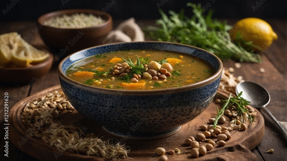 A bowl of hearty soup with vegetables and herbs, served on a wooden table. A bowl of hearty soup with vegetables and herbs, served on a wooden table.