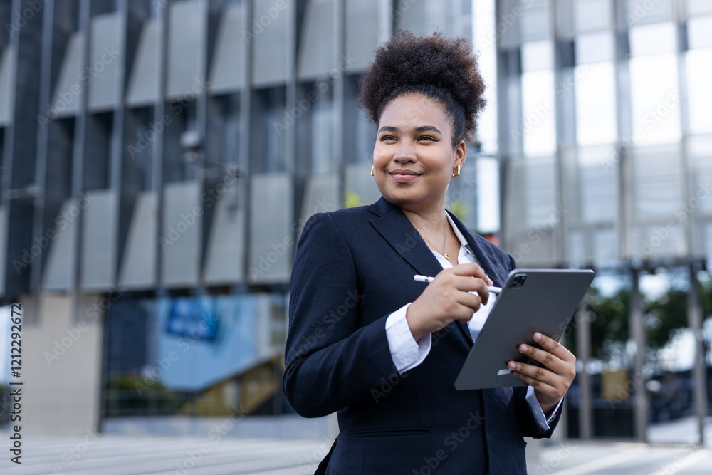 Teenage young businesswoman, american african, afro hairstyle Holding using tablet working on city street rushing to work. Working female walk with confidence standing at office building. Teenage young businesswoman, american african, afro hairstyle Holding using tablet working on city street rushing to work. Working female walk with confidence standing at office building.