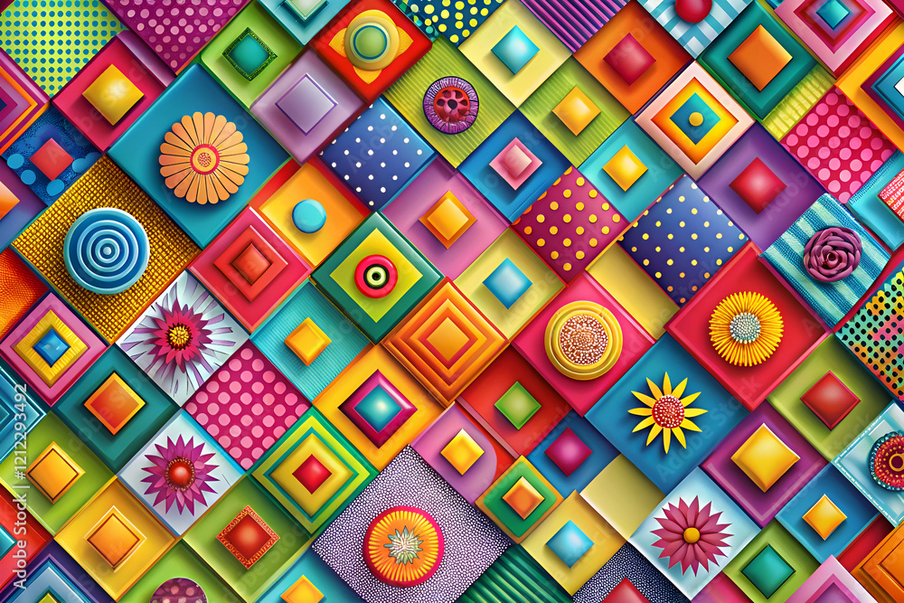 Abstract Geometric Pattern with Colorful Squares and Flowers Abstract Geometric Pattern with Colorful Squares and Flowers