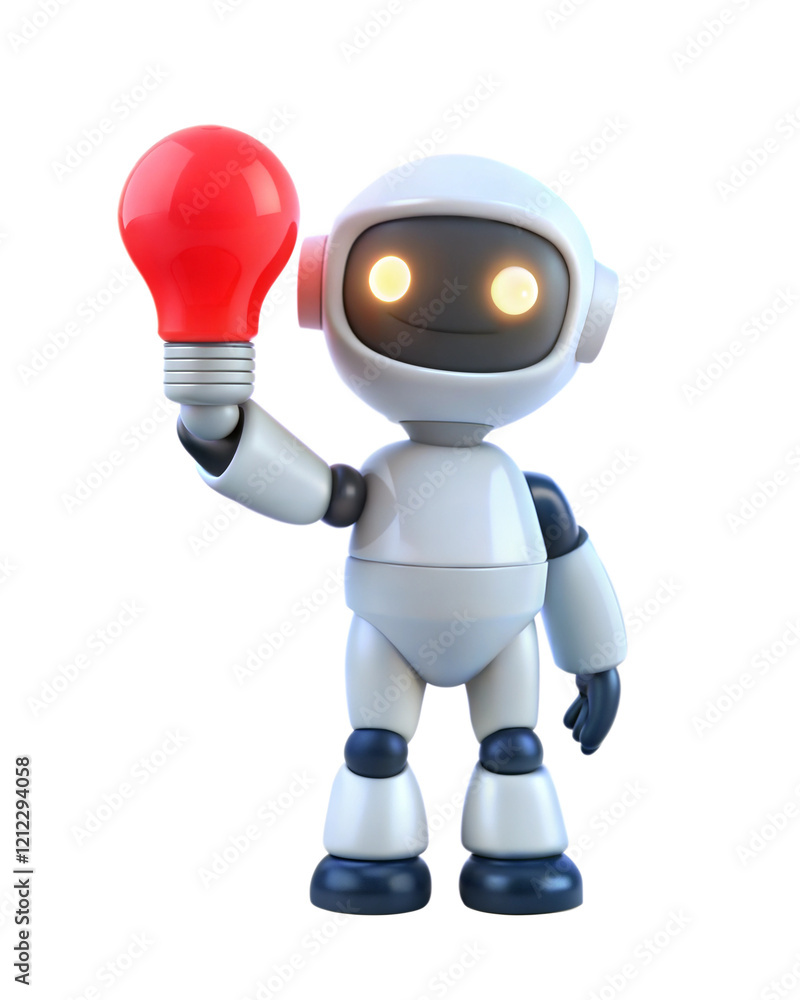 A cute white, sleek, cartoon, futuristic robot with glowing eyes, holding a light bulb, Isolated on white background. Robot assistant. Artificial intelligence concept A cute white, sleek, cartoon, futuristic robot with glowing eyes, holding a light bulb, Isolated on white background. Robot assistant. Artificial intelligence concept